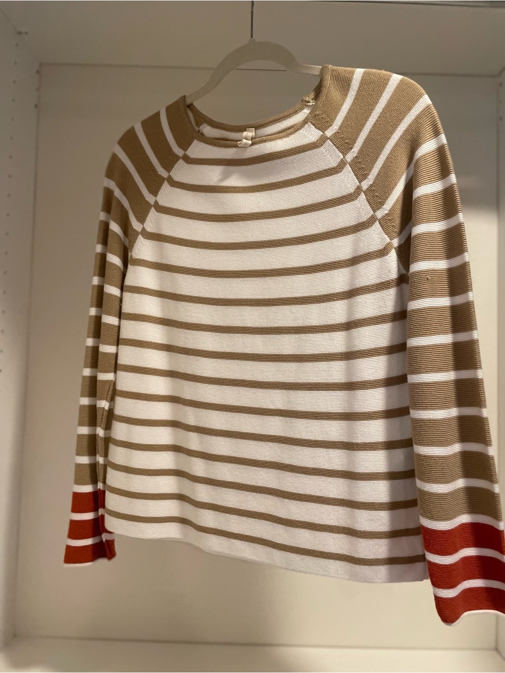 Striped Crewneck Sweater in Cream and Tan with Red Accent